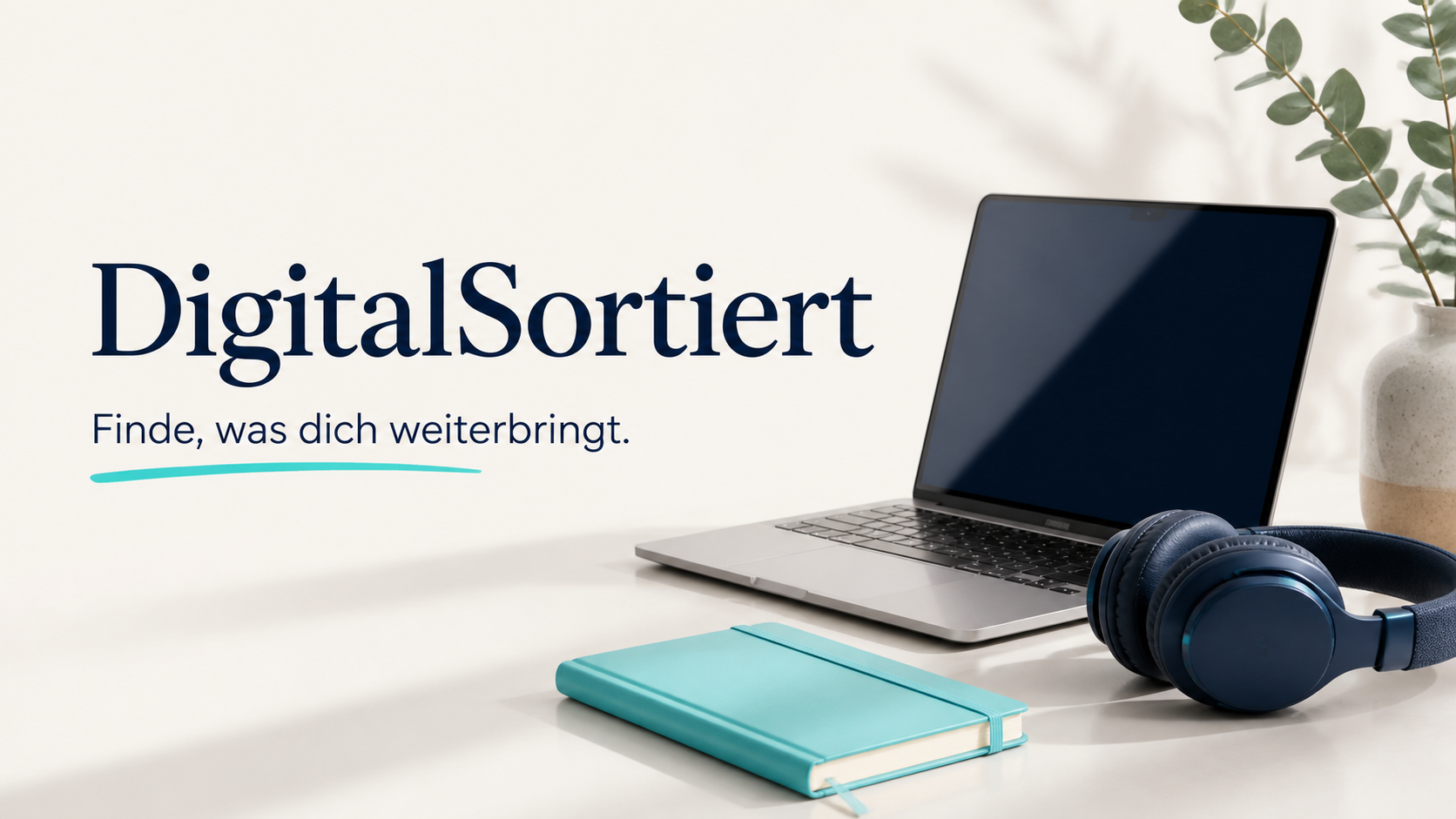 DigitalSortiert – Finde, was dich weiterbringt. Redaktionelles Motiv mit Laptop, Kopfhörern und Notizbuch.