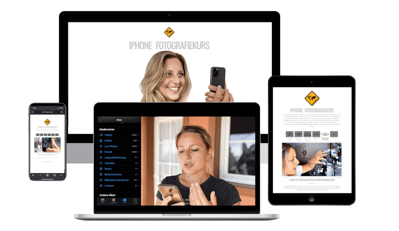 Original-Kursabbildung von unaufschiebbar: iPhone-Fotokurs auf Bildschirm, Laptop, Tablet und Smartphone.